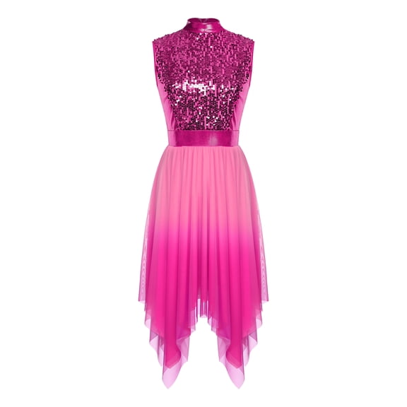 SiiRoh Women's Sequined Liturgical Worship Praise Dance Dresses Gradient Mesh Irregular Church Worship Tunic Hot Pink M