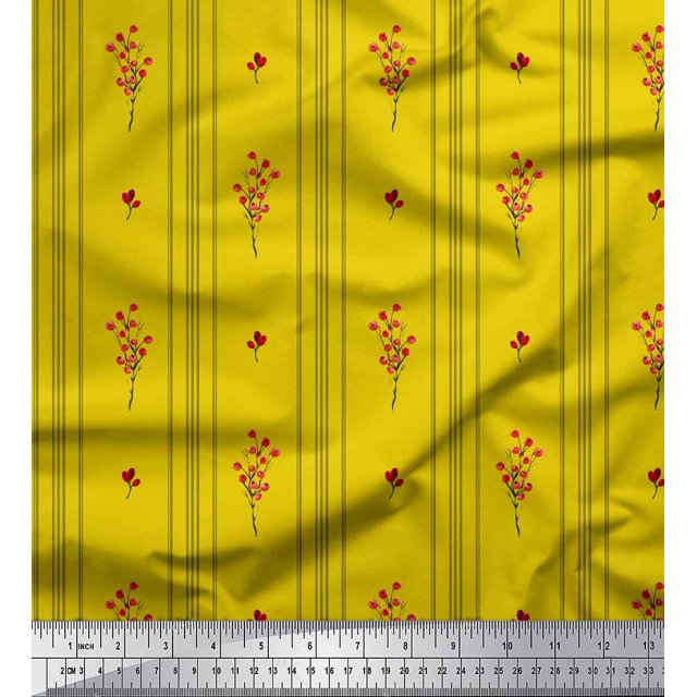 Soimoi Yellow Poly Georgette Fabric Red Berries & Stripe Decor Fabric Printed Yard 42 Inch Wide