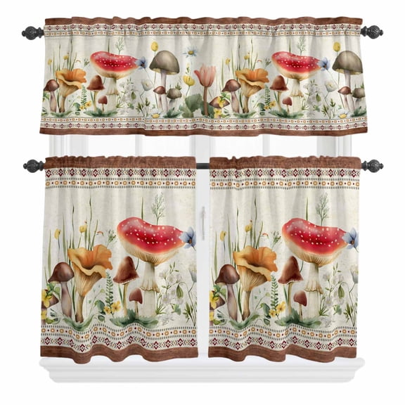 3 Piece Kitchen Curtains and Valances Set Red Mushroom Cafe Curtains 36 Inch Length Vintage Pastoral Botanical Retro Art Valance & Tier Curtain for Living Room Bedroom Small Window 54"x18" 27"x36"*2