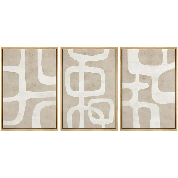 IDEA4WALL Framed Canvas Print Wall Art Set of 3 Abstract Neutral Geometric Earth Tones Modern Art Boho Beige & Brown Pastel Digital Art Minimal Zen for Bedroom, Office - Natural 24"x36"x3
