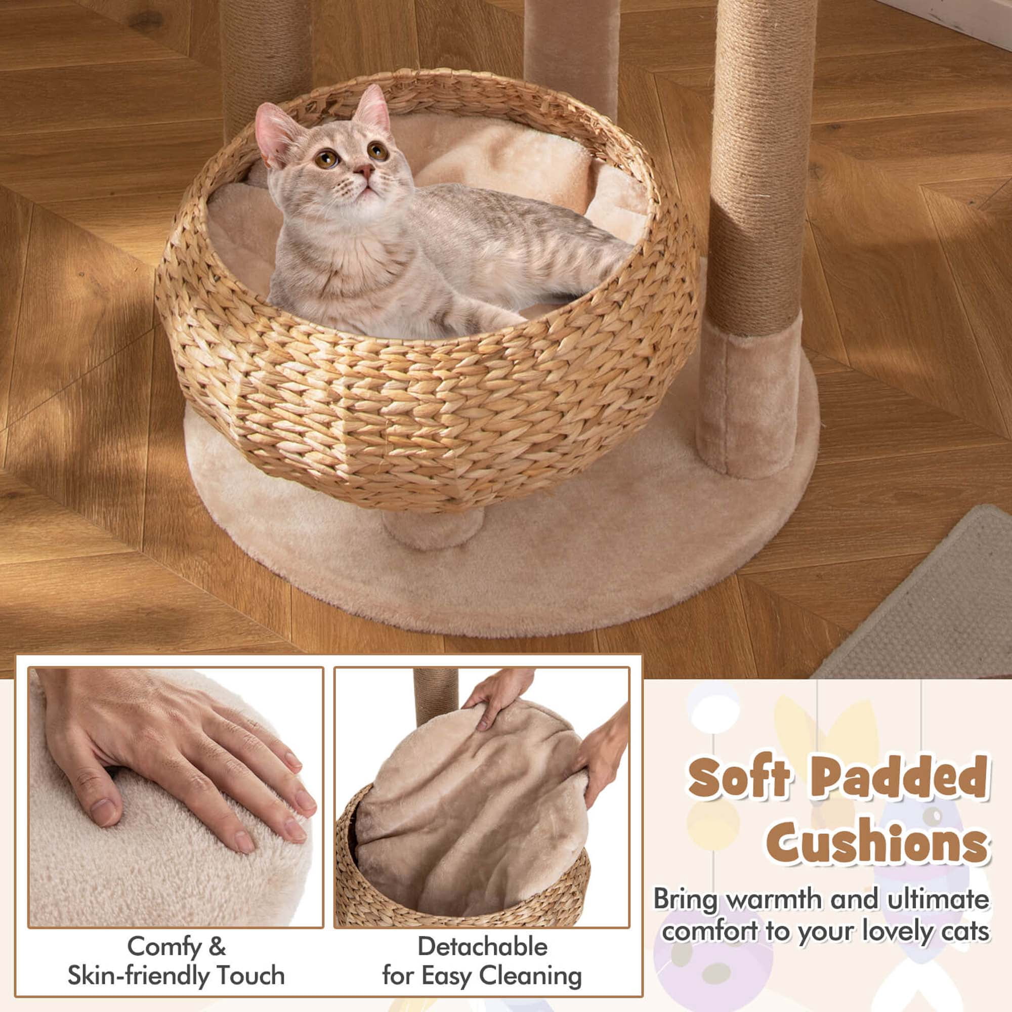 Costway 65" Cattail Cat Tower with Jute Scratching Posts Perch Basket Bed Dangling Balls