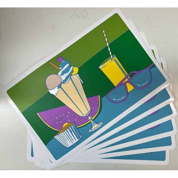 Set of 6 Expanded Vinyl Placemats, Beach, Vacation Food and Drinks