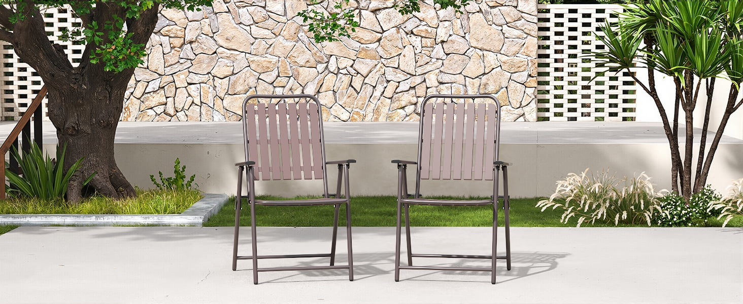 2-Piece Folding Patio Chair Set with No Assembly Required, 350 lb Capacity Heavy Duty Outdoor Chair with Stain-Proof WPC Slats, Rust-Resistant for Balcony Garden, Antique Brown