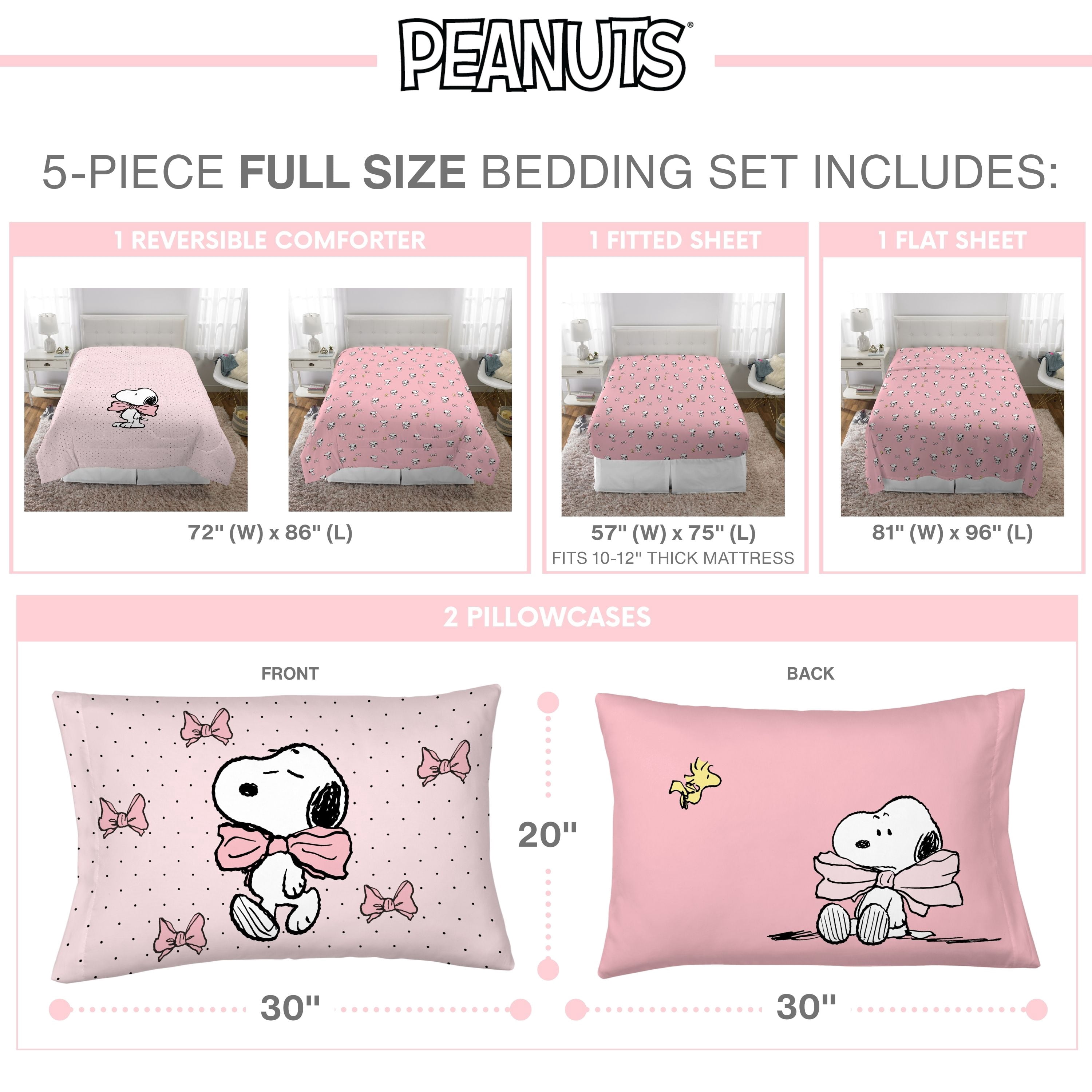 Peanuts Snoopy 5 Piece Pink Coquette Reversible Comforter, Pillowcase, and Sheet Set, Full