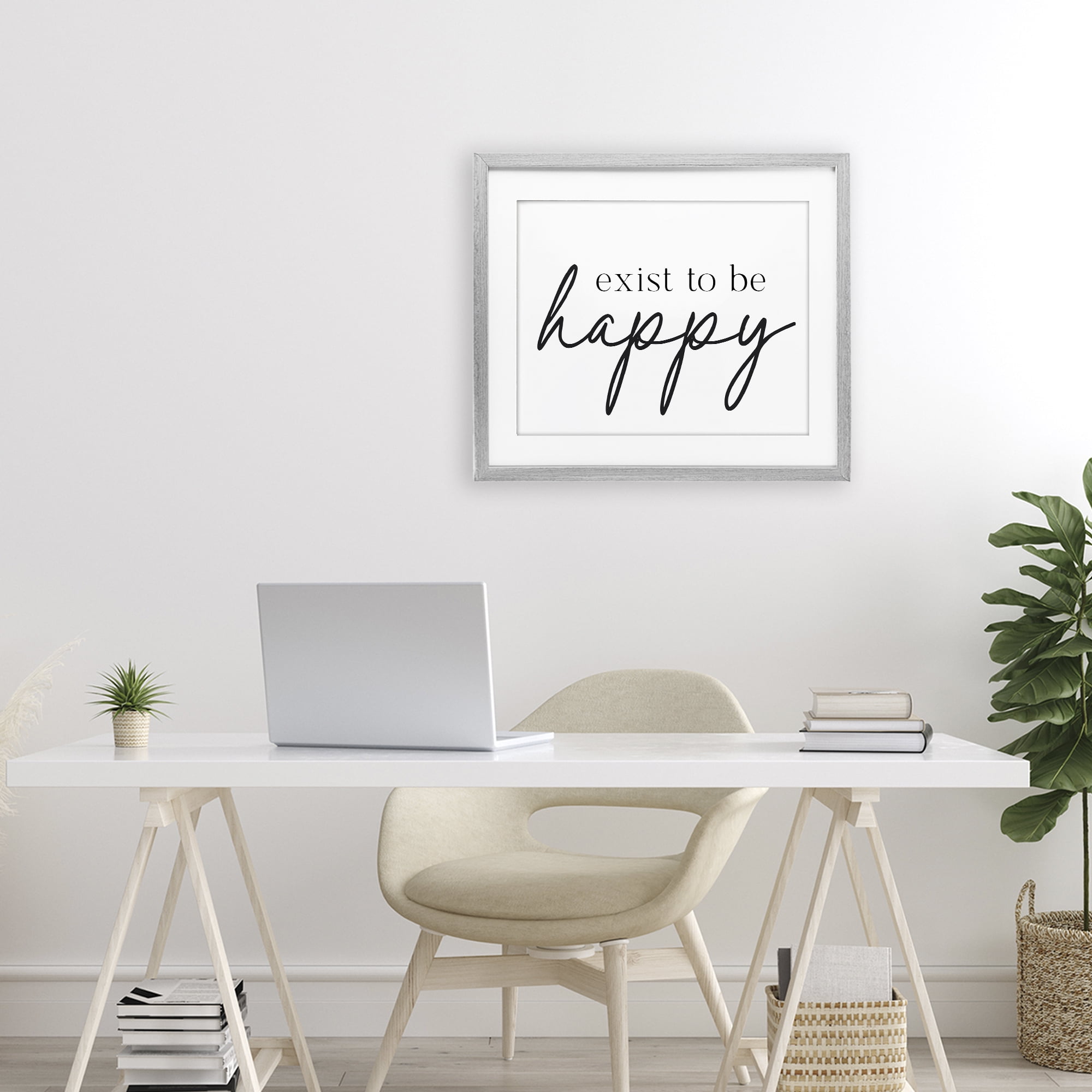 Exist To Be Happy Gray Framed Print Under Glass, design by Lettered and Lined