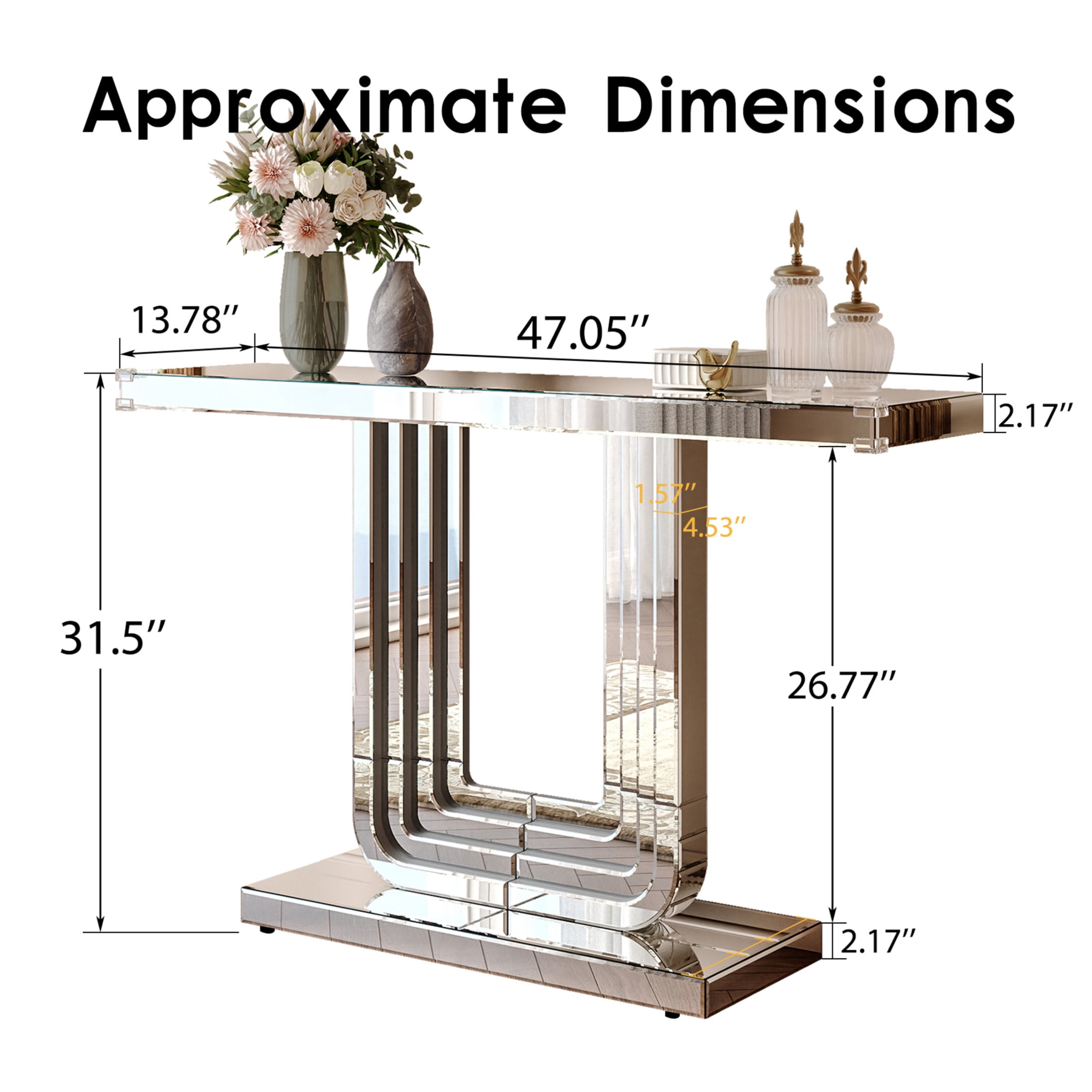 Noble house Mirrored Console Table, Silver Entryway Table with U-Base and Hand-Spliced Line Design,Silver