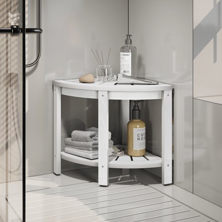 DWVO Poly Lumber Shower Bench 18  Shower Stool Corner Bench with Storage Shelf  Wood Texture Corner Seat for Bathroom  Spa  Corner Shower Stool for Bathroom Living Room (White)