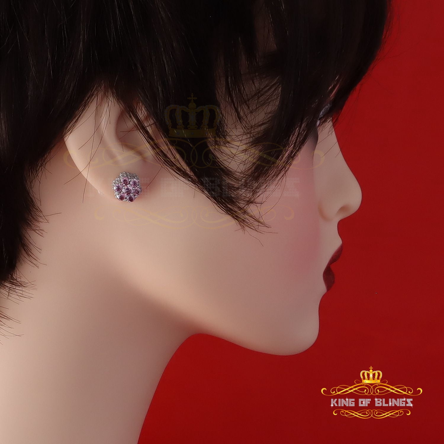 King of Bling's Men/Women's 925 Silver White 2.50ct VVS D Pink Moissanite 7 stone Stud Earrings