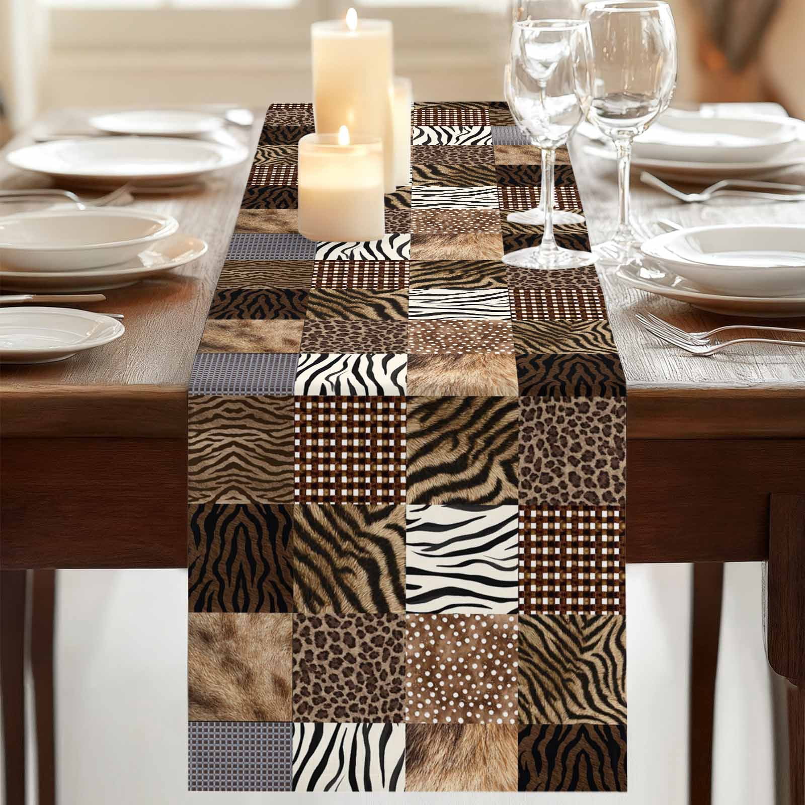 Animal Print Plaid Table Runner, Modern Geometric Leopard Print Washable Cotton Linen Table Runners 90 Inches Long, Dresser Scarf Runner for Dining/Coffee/Kitchen/Hallway Tables 13''x90''