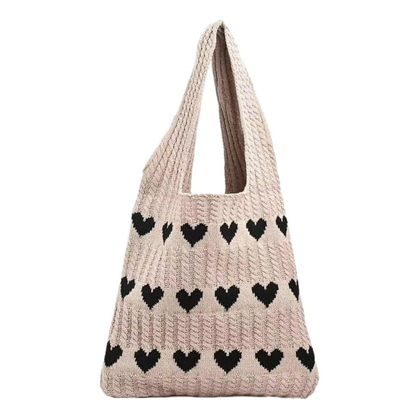 Bolso de hombro, bolso de mano tejido para mujer, bolso de playa ligero, bolso de ganchillo con patrón de corazón, bolso para el trabajo de primavera caqui Salvador Bolsos de hombro para mujer