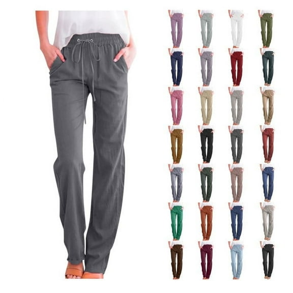 Womens Summer Lounge Pants Plus Size Solid Cotton Linen Pants Elastic Waisted Tie Straight Leg Pants Business Casual Work Trousers Loose Fit Pull-on Pants with Pockets