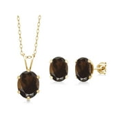Gem Stone King Oval Brown Smoky Quartz 2.70 Ct 18K Yellow Gold Plated Silver Pendant and Earrings Jewelry Set