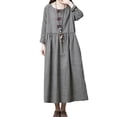 thumbnail image 2 of Gamivast Casual Dresses for Women Long Sleeve Round Neck Gingham Plaid Midi Dress Loose Fit Pleated Tunic Dress Retro Vintage Daily Home Loungewear, 2 of 8