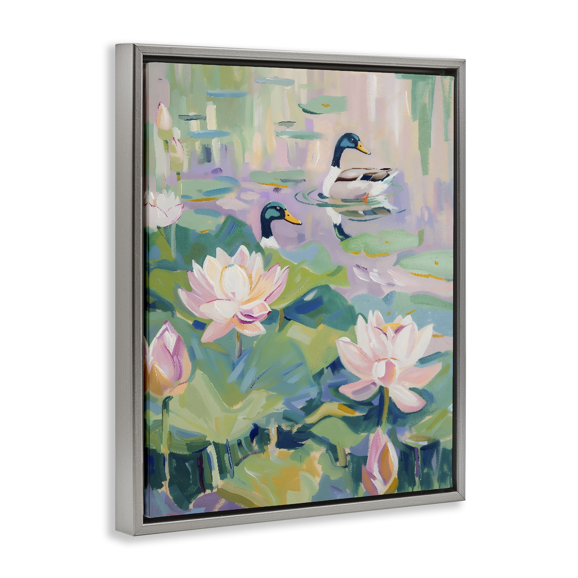 Stupell Industries Duck Pond with Lotus Flowers Gray Framed Floater Canvas Wall Art, design by The Prints Vibe