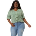 thumbnail image 1 of Women's Plus Size Ruffle Blouse V Neck Smocked Sleeves Top White Green 4X, 1 of 6
