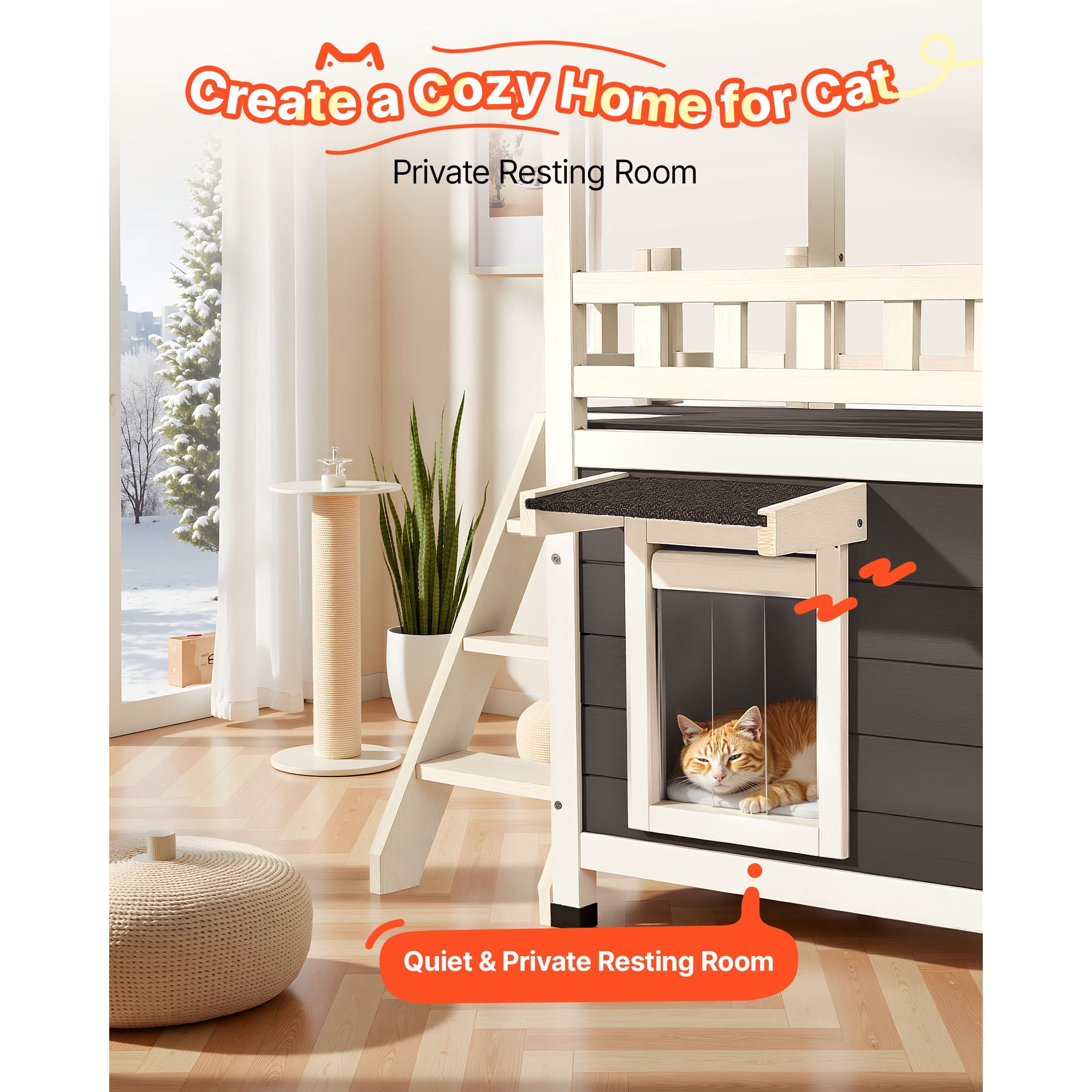 KFFKFF 2-Story Wooden Cat House with Stairs & Balcony, Elevated Shelter for Feral and Domestic Cats, Weather-Resistant Design, Spacious Interior, Suitable for Indoor and Outdoor Use, 30 x 22 x 30 in