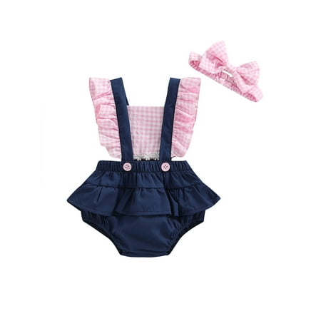 

Frobukio 2Pcs Newborn Baby Girls Summer Romper Small Plaid Ruffled Flying Sleeves Short Jumpsuit + Bow Headband Blue 3-6 Months