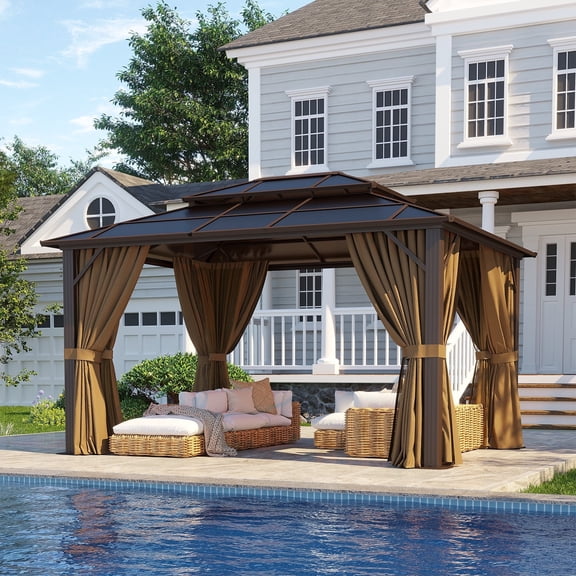 Clouddwell 10'x12' Hardtop Gazebo - Polycarbonate Double Roof with Netting & Curtains for Patio, Garden Sun Protection,Brown