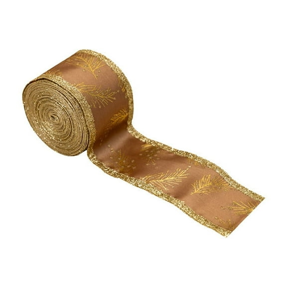 CuiLiyq Gold Christmas Ribbon Wired for Gift Wrapping, 2" 5.5 Yards Gold Pine Needle Print Fabric Glitter Ribbons for DIY Crafts Wreath Bowtie Decorations Holiday Wedding Party Supplies
