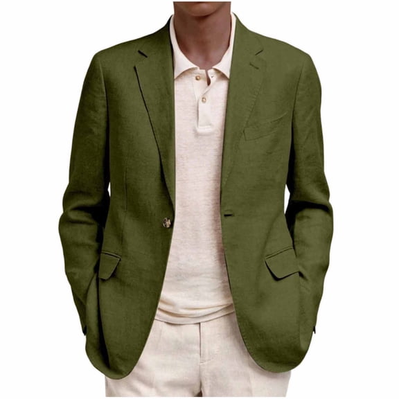 Mrmaere Turn Down Collar Linen Casual Blazer Men Turn Down Collar Button Closure Lightweight Summer Jacket Army Green L