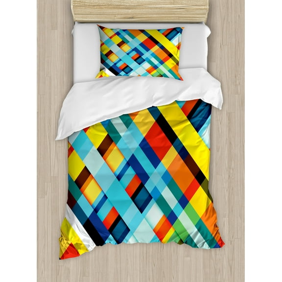 Colorful Home Decor Twin Size Duvet Cover Set, Vivid Lines Stripes with Diagonal Elements Retro Layout with Modern Touch, Decorative 2 Piece Bedding Set with 1 Pillow Sham, Multi, by Ambesonne