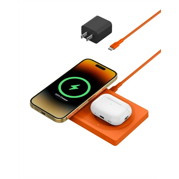 Belkin MagSafe-Compatible 2-in-1 Wireless Charger 15W, Fast Charging Station for iPhone 16, 15, 14, 13 Series, AirPods, and More - Dual Device Charging Pad - Orange