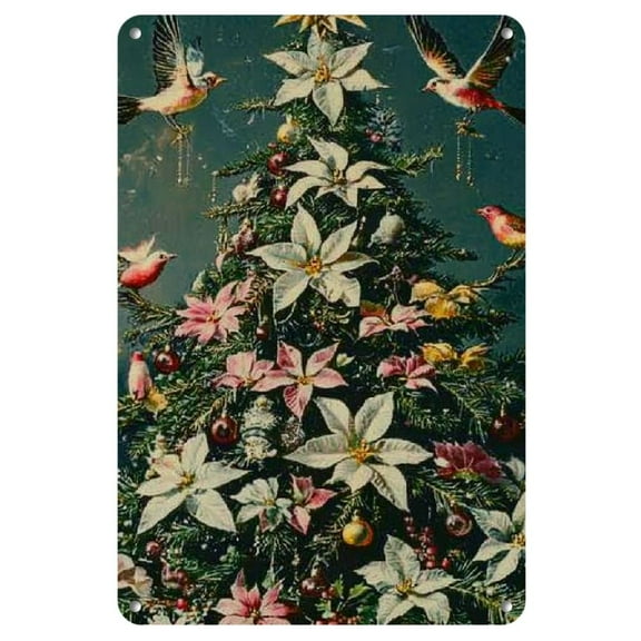 Vintage Christmas Tree Metal Tin Sign, 8x12 Inches - Retro Wall Art with Colorful Ornaments and Birds, Ideal for Home, Cafe, Gym, Bar, Indoor & Outdoor Decor