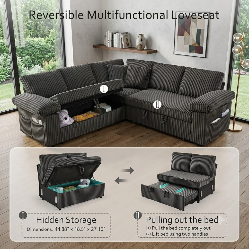 EPOWP 81" Modular Sectional Sleeper Sofa, L Shaped 5-Seater Couch with Pull Out Bed, Large Storage Chaise, USB Charging Ports & Adjustable Backrest, Corduroy Sofa Bed for Living Room,Dark Grey