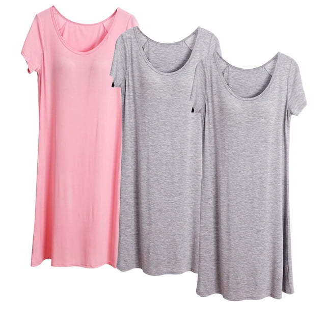 Jamicy Jolies Chemises de Nuit pour Femmes Cadeaux pour Femmes Chemise de Nuit pour Femmes Lot de 3 T-Shirts de Nuit Manches Courtes Vêtements de Nuit Doux Robe de Nuit à Col Rond avec Soutien-Gorge Intégré