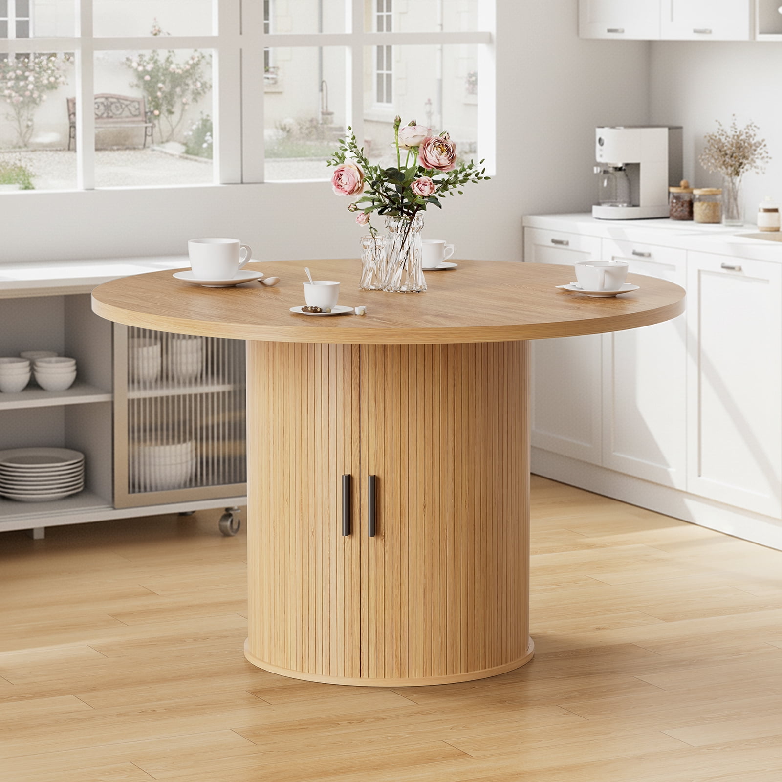 Hommpa 48" Round Dining Table with Storage,Morden Kitchen Table Wood for 4 with 2-Layer Storage Shelves and Wood Slide Door for Kitchen Living Room,Heavy Duty Pedestal Base,Natural