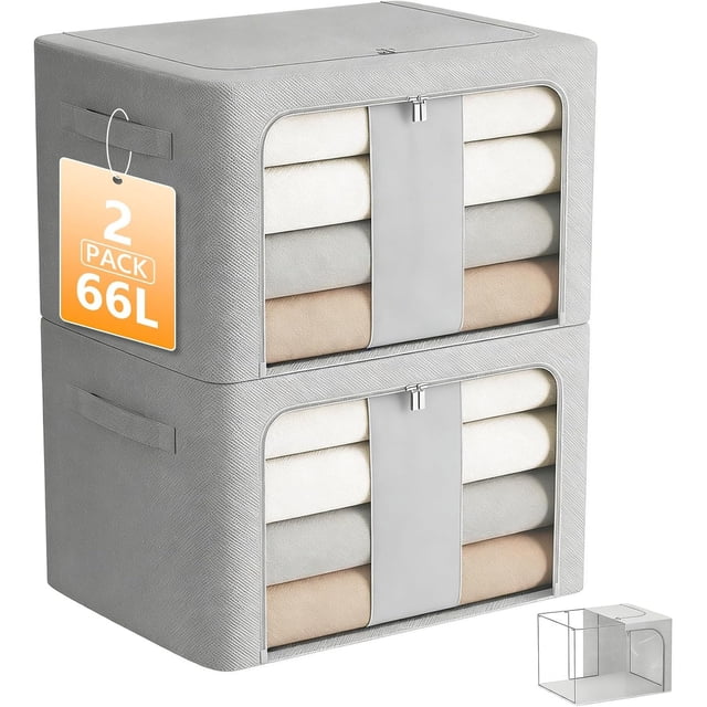 Caja de Almacenamiento de Ropa: 2PCS 66L Bolsa de Almacenamiento - Cajas Organizadoras para Clósets con Reforzada y Ventana, Bolsas para Ropa, Guardar Cobijas y Edredones (2)