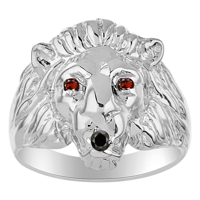 RYLOS Lion Head Ring Black Diamond Mouth & Gemstone Eyes Fun Designer Rings Garnet Sterling Silver Jewelry Size 13