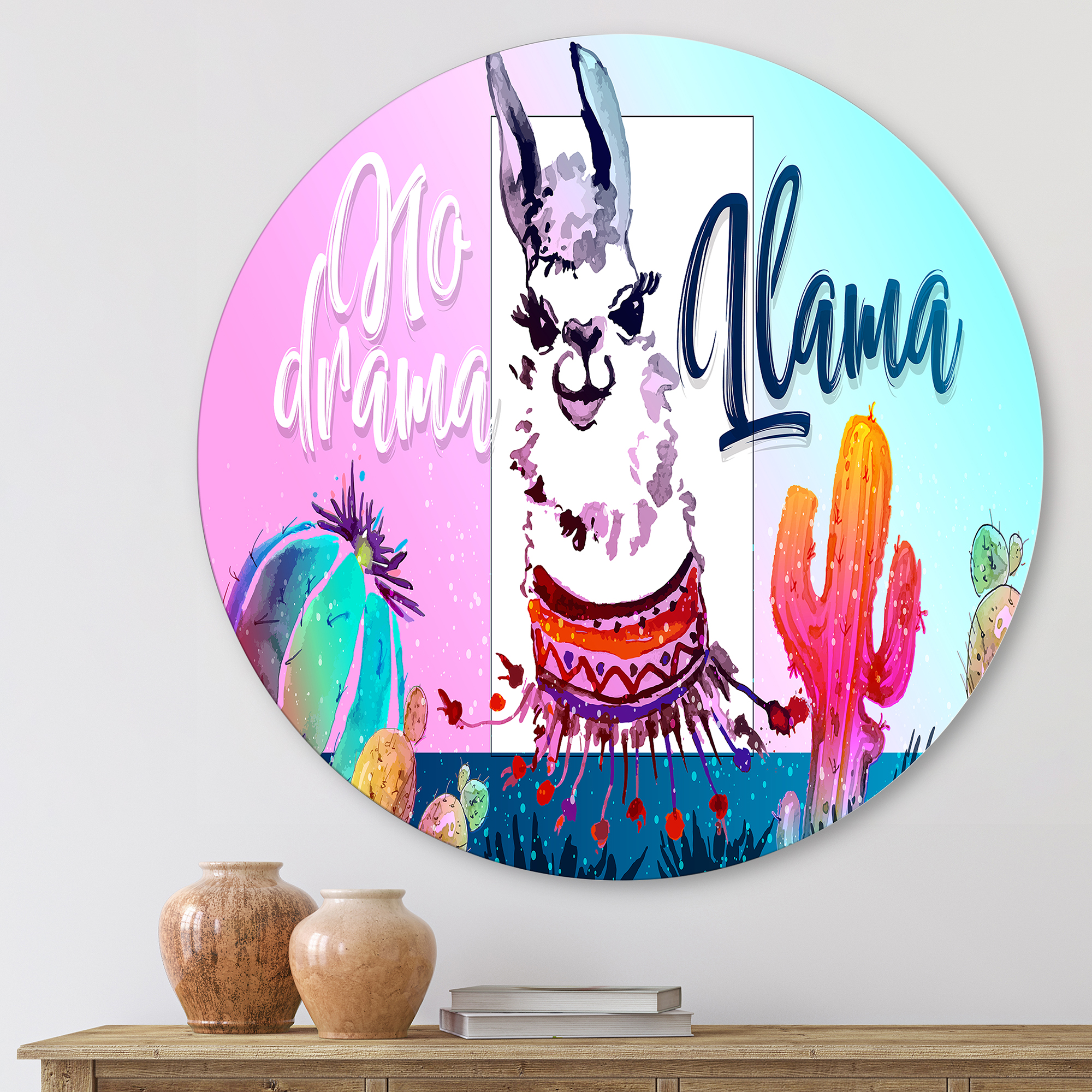Designart 'No Drama and Colorful Llama' Children's Art Circle Metal Wall Art 11x11 - Disc of 11