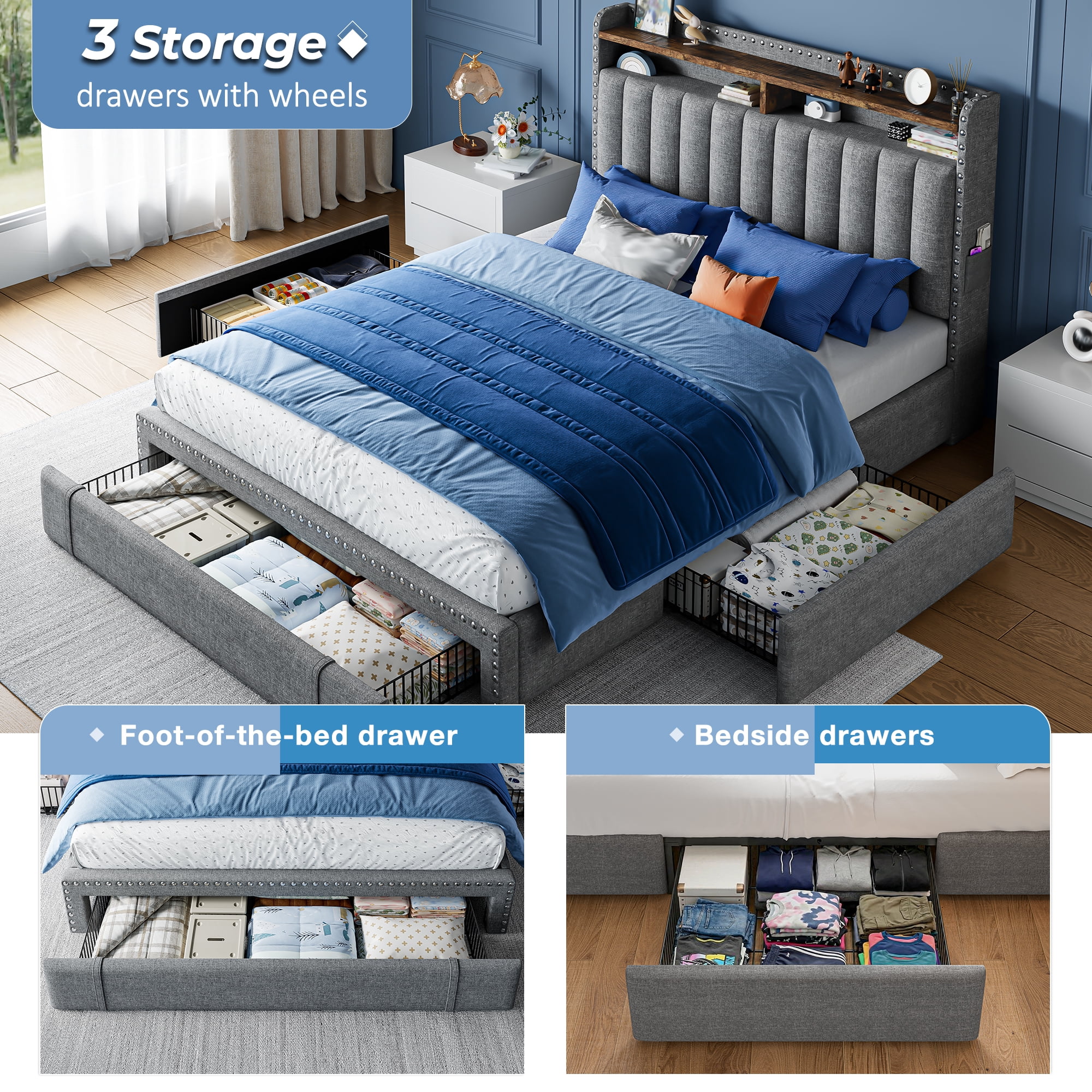 EnHomee Upholstered Full Size Bed Frame with Headboard and Storage, Sturdy Full Bed Frame with 3 Drawers, No Noise, Grey
