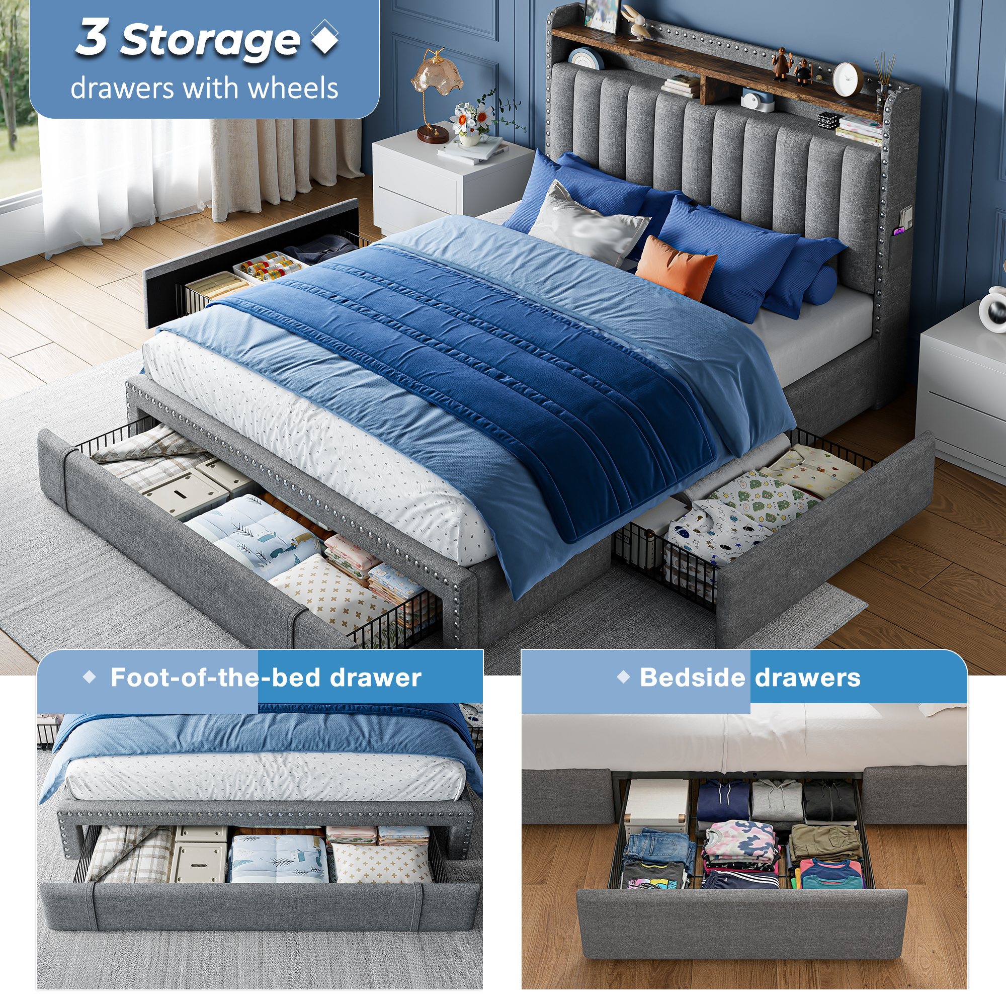 EnHomee Full Platform Bed with Headboard & 3 Drawers, Gray photo 3