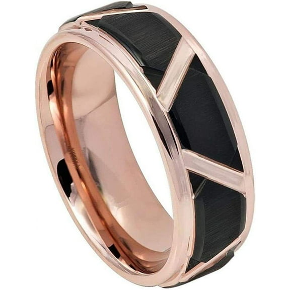 Tungsten Rings for Men Wedding Bands for Him Womens Wedding Bands for Her 8mm Black Brushed Trapezoid Center Rose Gold