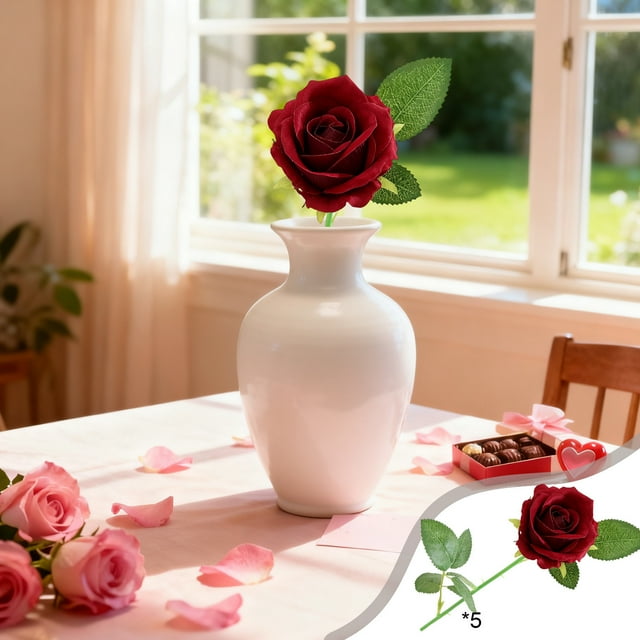 BAOPAI Bouquet de Roses Artificielles Réalistes pour Décorations de Mariage Maison Ensemble de 5 Pcs avec Pétales Réalistes et Tiges Robustes