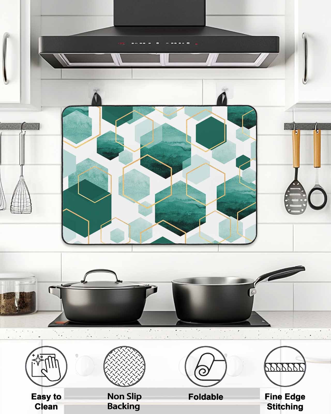 Stove Top Covers for Electric Stove, Turquoise Marble Glass Stovetop Cover Protector, Gold White Geometric Hexagon Modern Induction Cooktop Protector Oven Mat for Kitchen Countertop 31"x24"