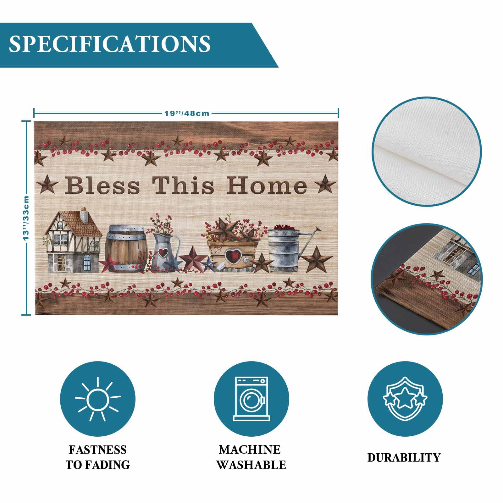 Placemats Set of 4, Western Star Texas Placemats Set of 4, Red Berry Farmhouse Wood Grain Tablemats Placemat Table Decoration for Kitchen Table Dinner Party Home Decor Indoor Outdoor 13x19 Inch