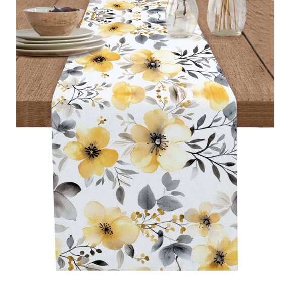 Yellow Floral Spring Table Runner 48 Inches, Summer Botanical Gray Farmhouse Bed Runner Dresser Scarves Tabletop for Indoor Outdoor Parties/Ceremony/Banquet, 13" x 48"