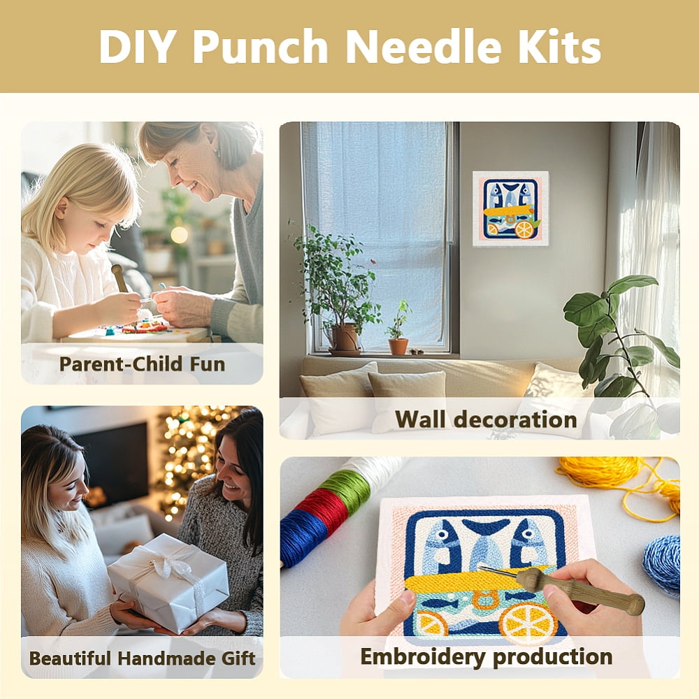 Polyester Cotton Punch Needle 4Folded Yarns Embroidery Kits Included Threader Cotton Thread Punch Needle Thread Clips 3.5MM Wooden Needle Fish Useful