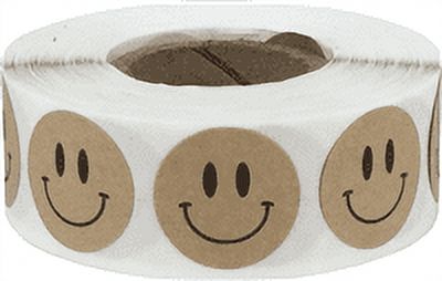 Brown Kraft Circle Happy Face Stickers, 0.75 Inch Round, 500 Labels on a Roll