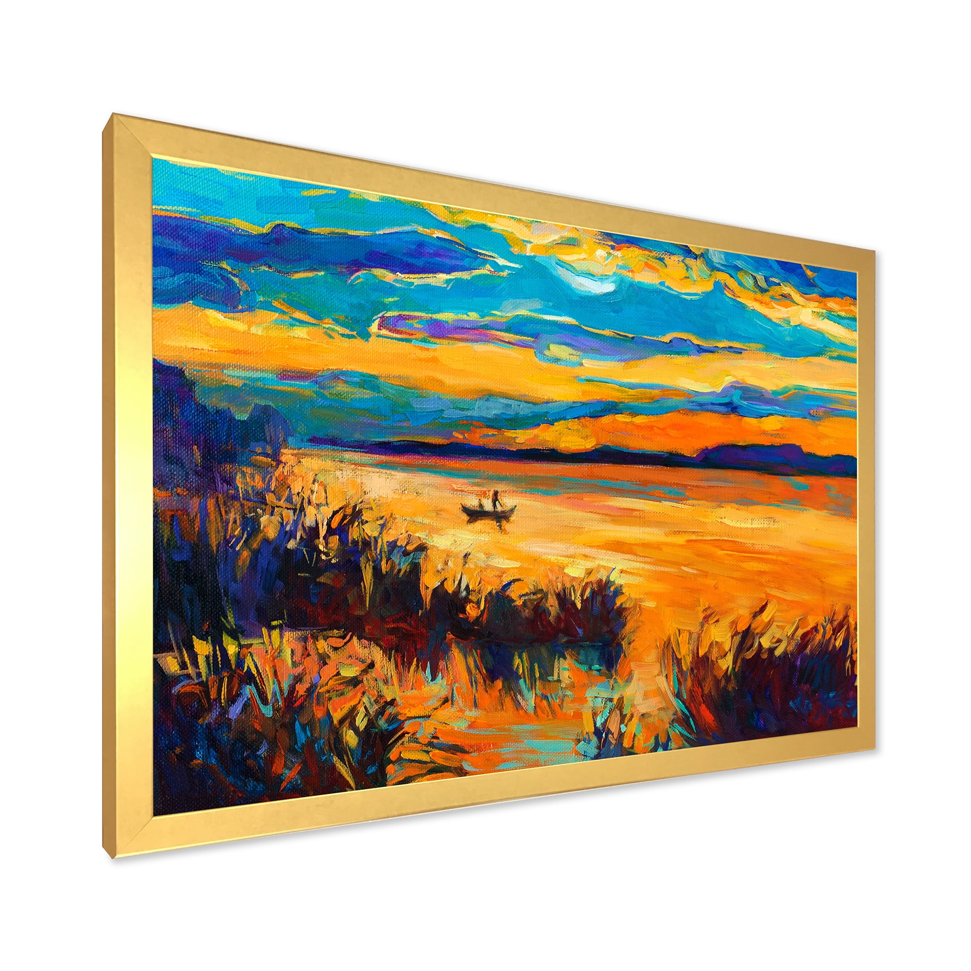 Little Boat At The Horizon Of A Lake During Evening Glow 20 in x 12 in Framed Painting Canvas Art Print, by Designart