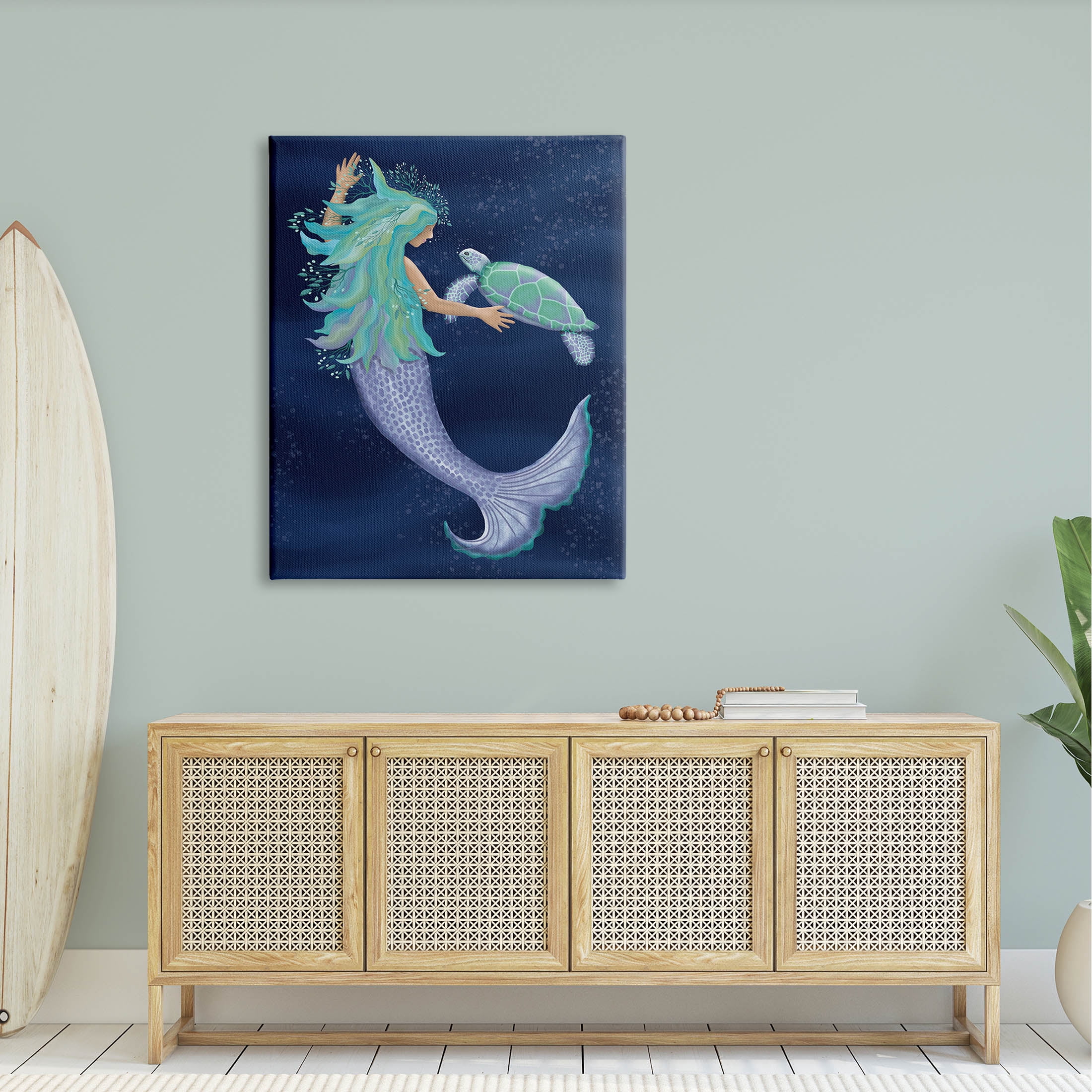 Nautical Mermaid Swimming Tortoise Fairy Tales & Fantasy Graphic Art Gallery Wrapped Canvas Print Wall Art