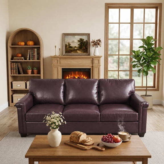 Gaderth 88" Mid Century Modern Sofa, Comfy Faux Leather Couch with Plush Backrest & Deep Seat, Cozy 3-Seater Couch for Living Rooms Offices Apartments