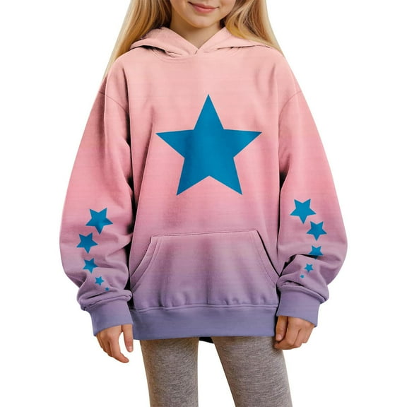 Spazoro Girls Hoodie Sweatshirts, Pockets Gradient Color Star Print Fleece Lined Long Sleeve Casual Pullover for Girls Pink Size 7-8T