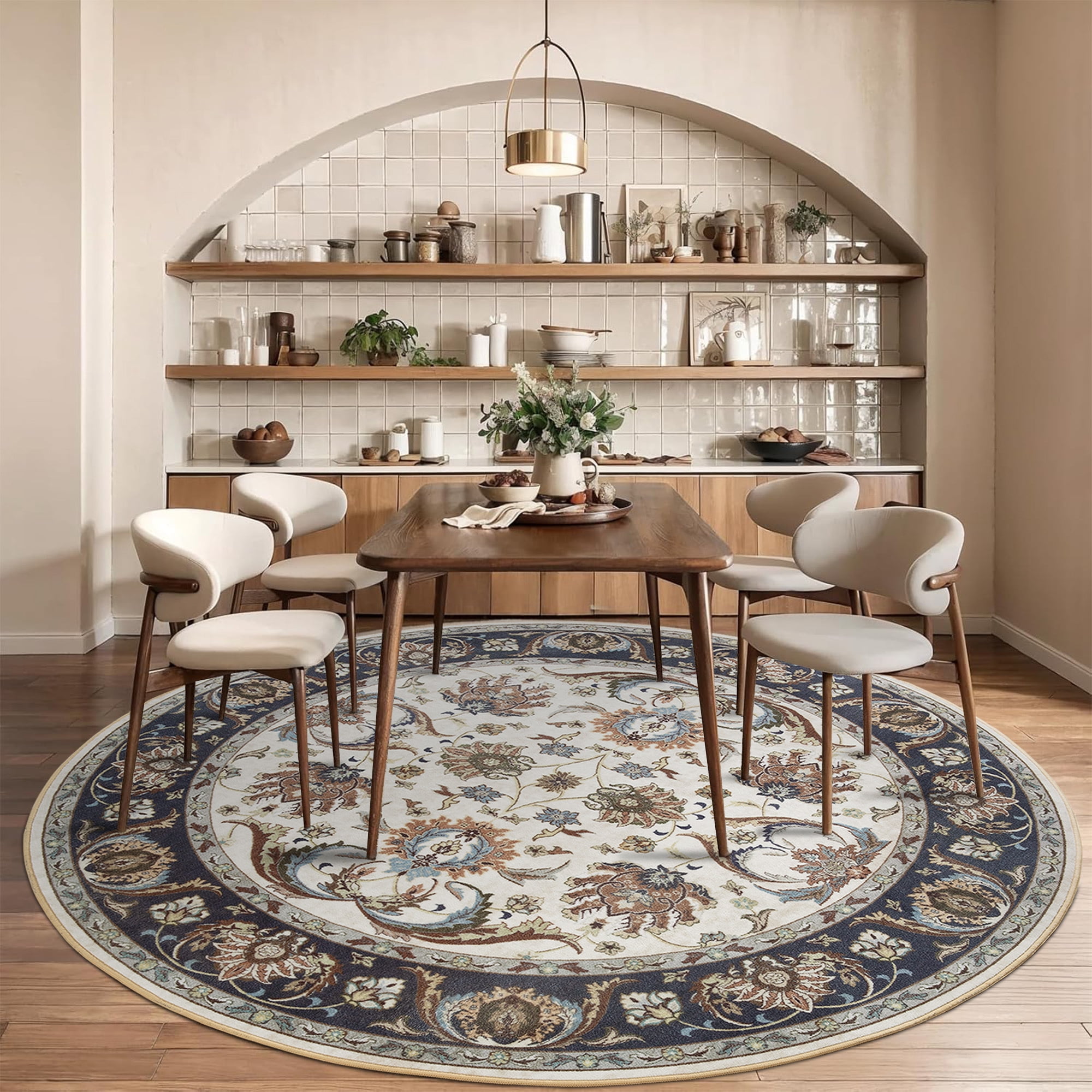 Noahas 5 ft Round Rugs for Living Room Bedroom Rug Circle Area Rug for Dining Room Table Throw Neutral Vintage Circular Rugs Washable Soft Comfortable Blue & White