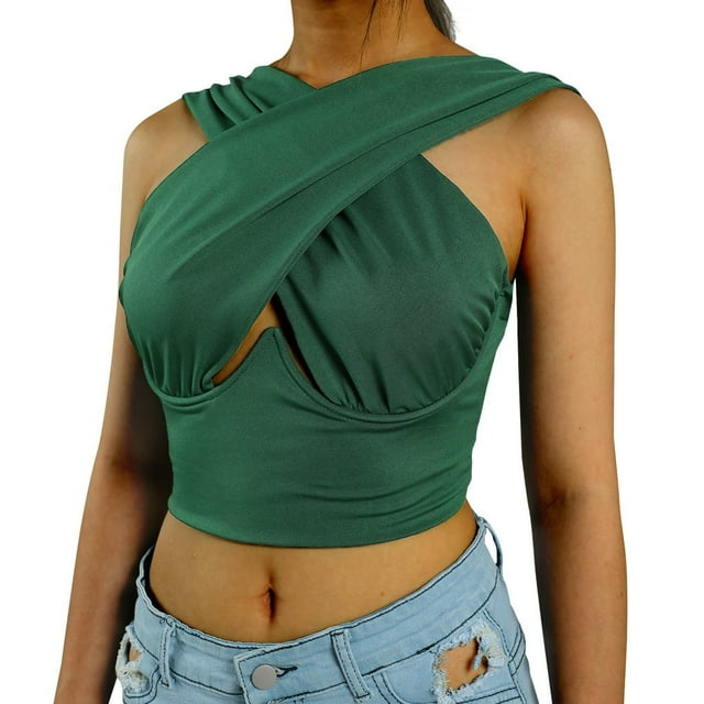 Women Criss Cross Tank Tops Sleeveless Solid Color Cutout Crop Tops