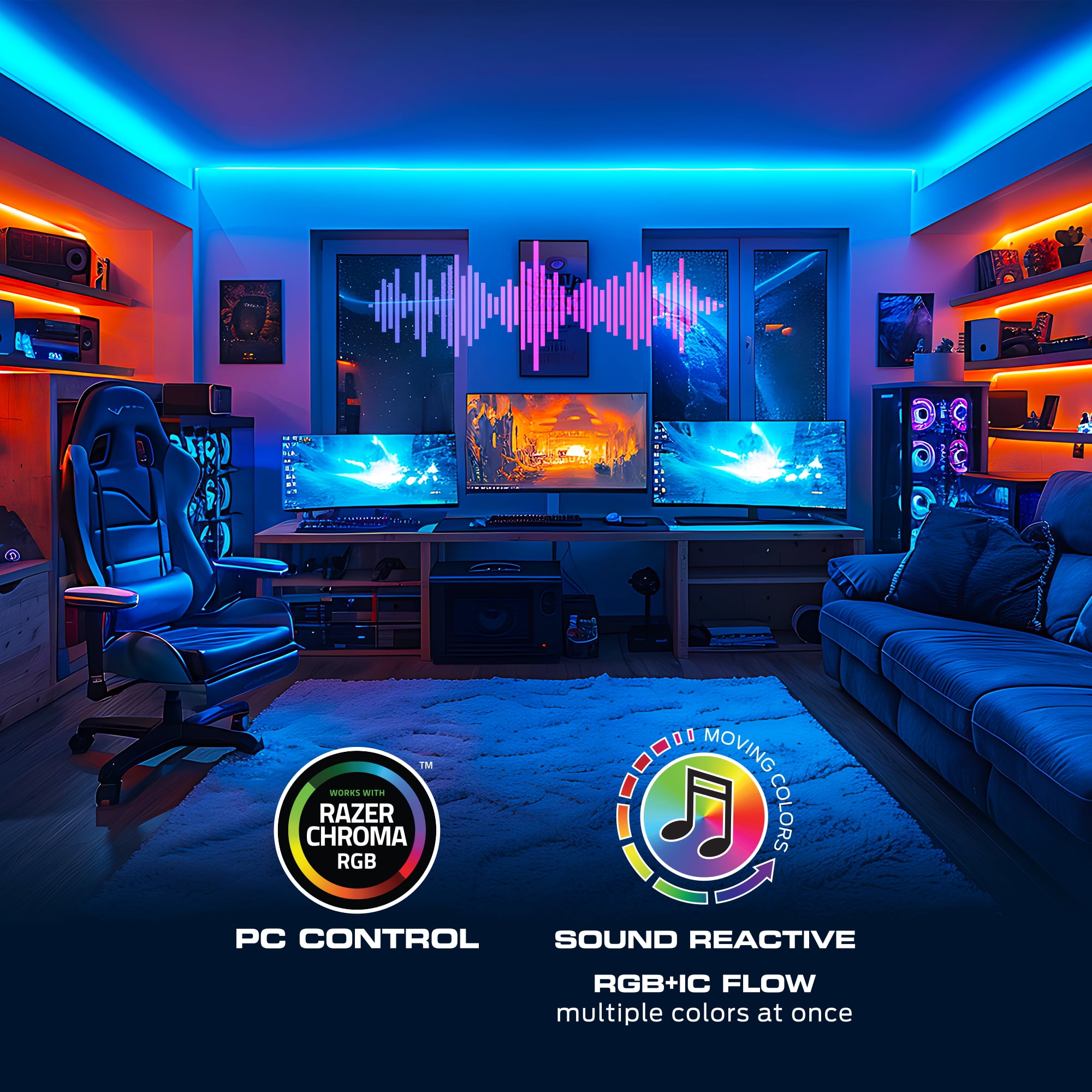 Monster Smart 100ft Indoor Multi-Color Flow LED Light Strip, Sound Reactive, Razer, Corded Electric