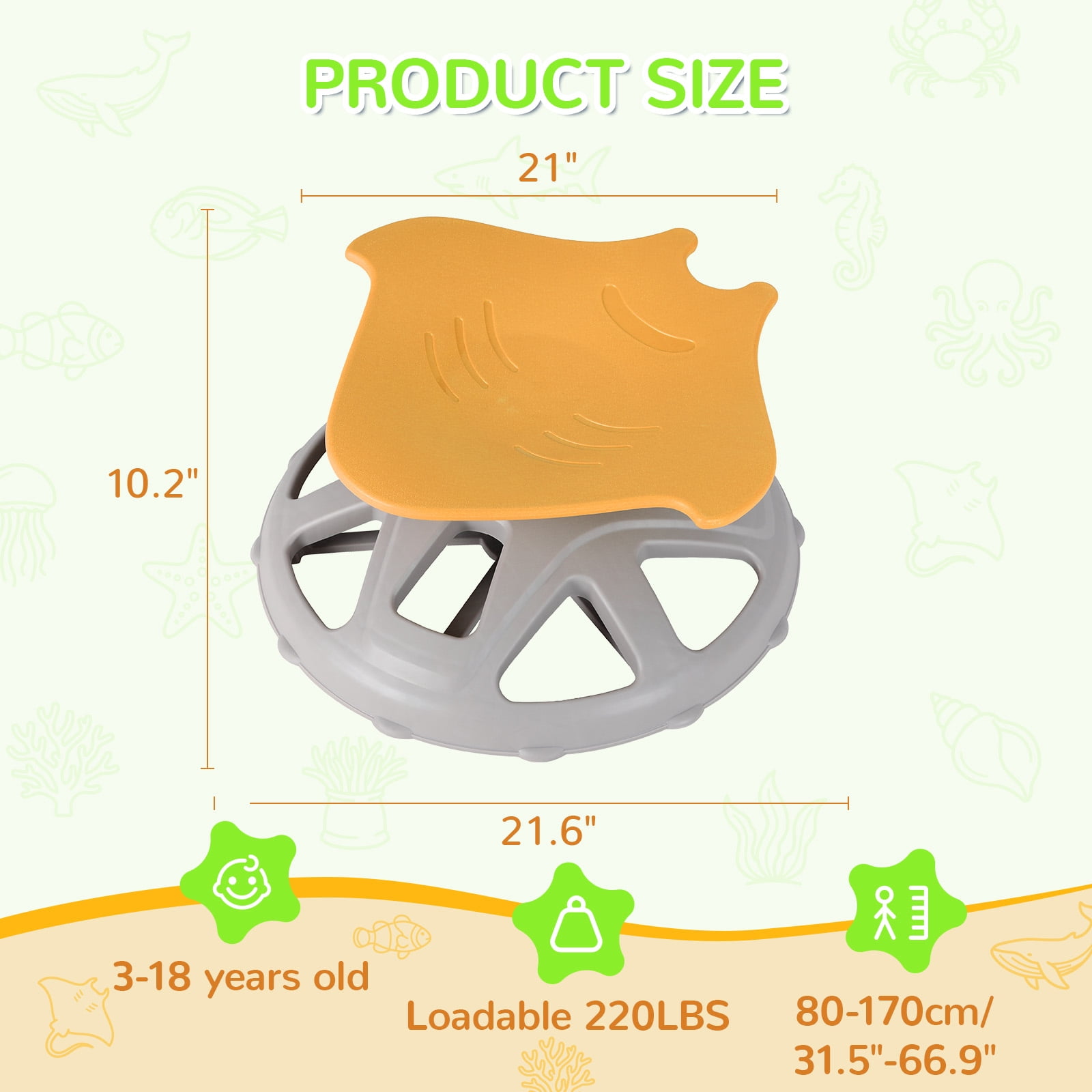 TLSUNNY Spinning Chair for Autistic Kids, Fish-Shaped , 220LB Capacity, 360°Sensory Swivel Chair W/ Upgraded Base, Sit and Spin Toys Indoor Outdoor Play